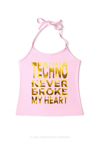 Techno Broke Heart Silver Foil Printed Y2K Halter Neck Cami Cherrykitten