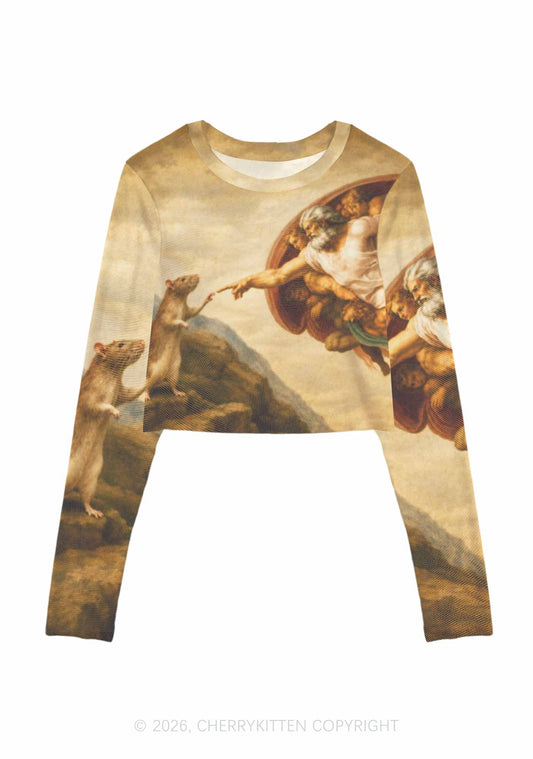 God Hand Touching Rat Y2K Mesh Long Sleeve Crop Top Cherrykitten