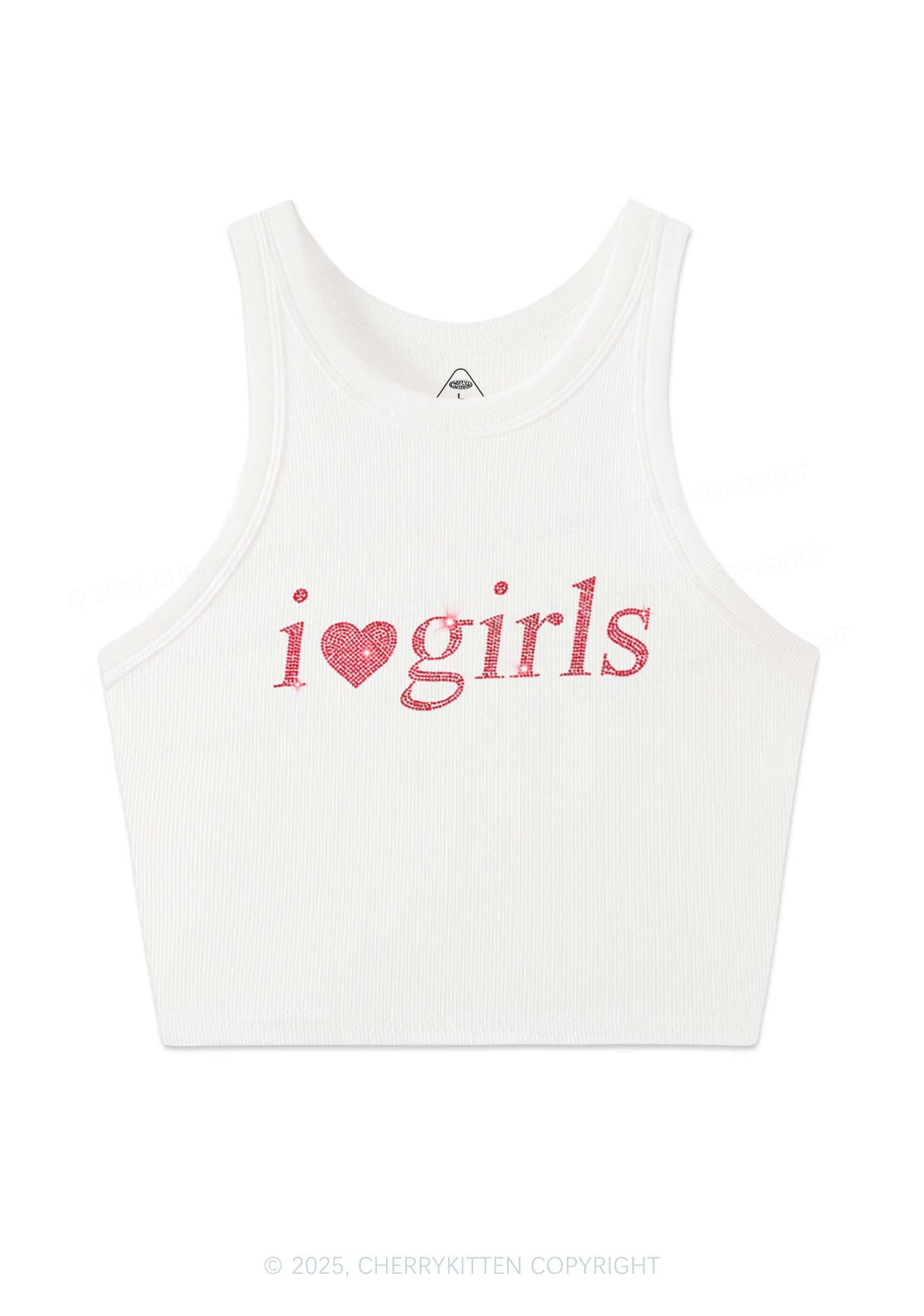 Rhinestone I Love Girls Y2K Crop Tank Top Cherrykitten