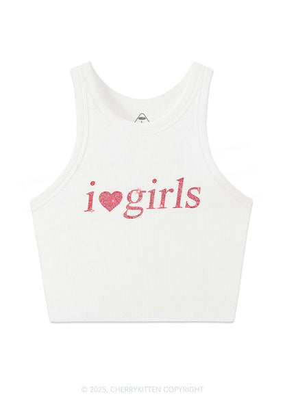 Rhinestone I Love Girls Y2K Crop Tank Top Cherrykitten