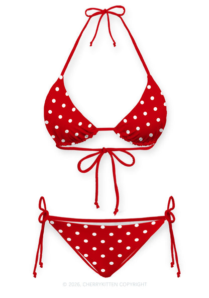 White Dots On Red Y2K Print Bikini Set Cherrykitten