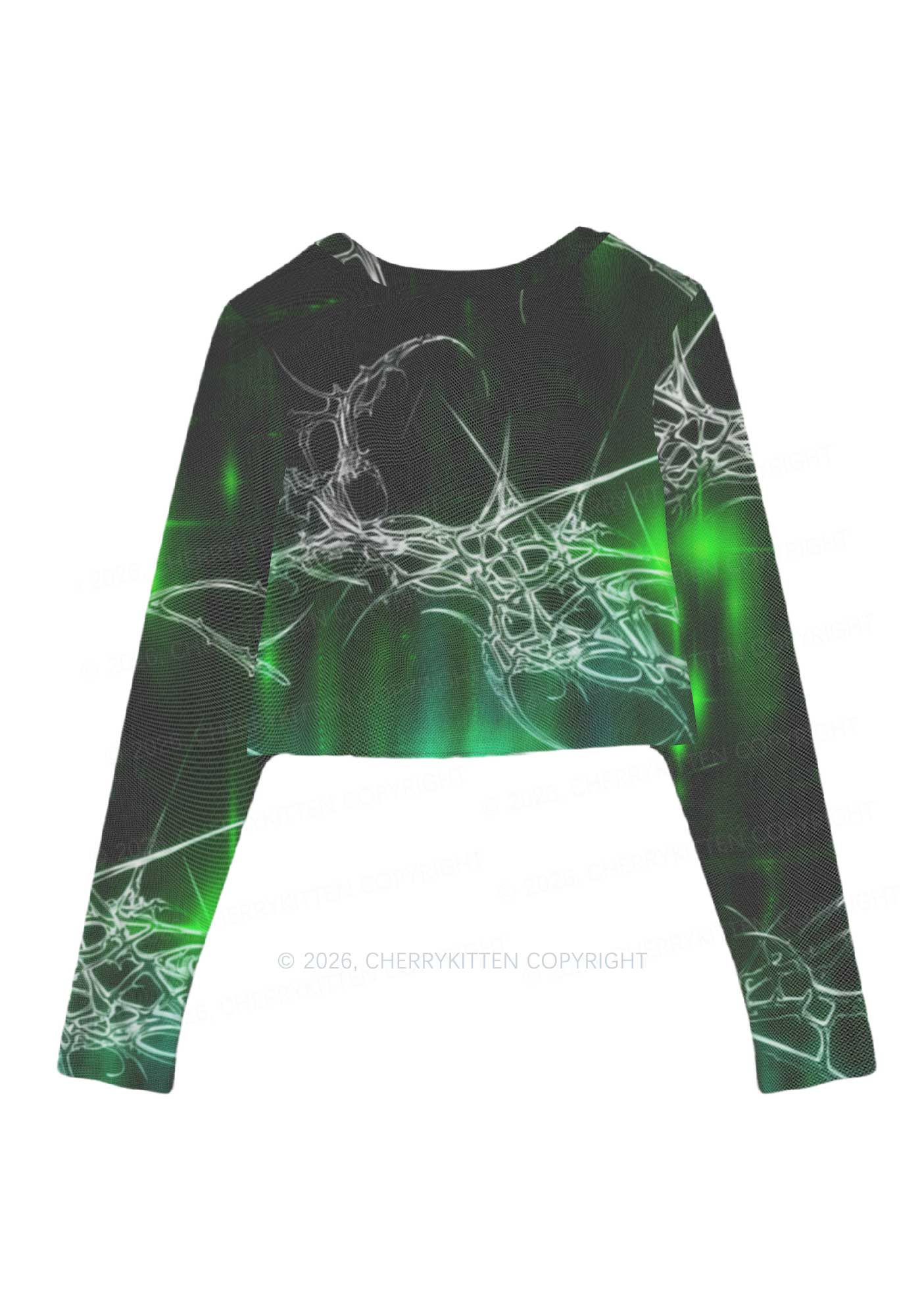 Green Gothic Faggot Pride Y2K Mesh Long Sleeve Crop Top Cherrykitten