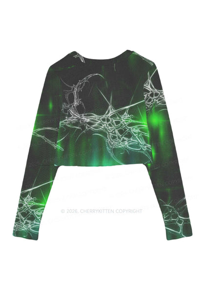 Green Gothic Faggot Pride Y2K Mesh Long Sleeve Crop Top Cherrykitten