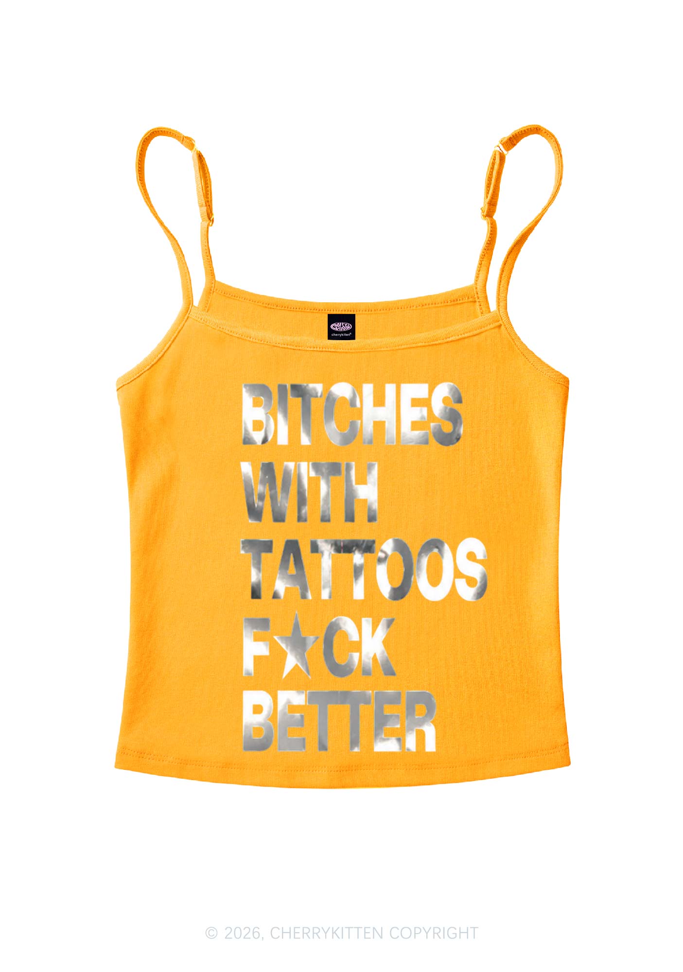 Bxxches With Tattoos Fxxk Better Silver Foil Printed Y2K Spaghetti Strap Cami Cherrykitten