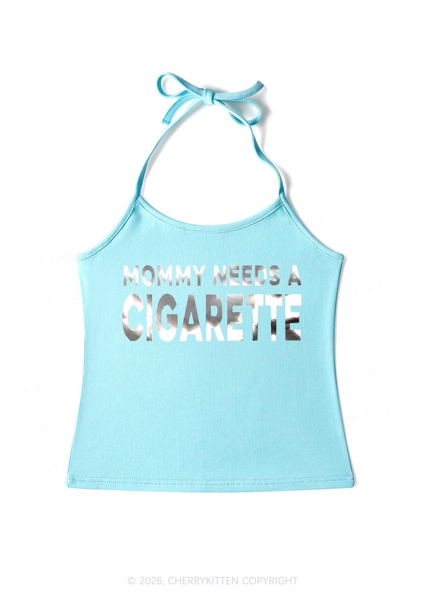 Mommy Needs A Cigarette Silver Foil Printed Y2K Halter Neck Cami Cherrykitten