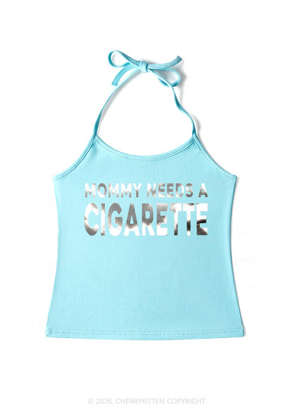 Mommy Needs A Cigarette Silver Foil Printed Y2K Halter Neck Cami Cherrykitten