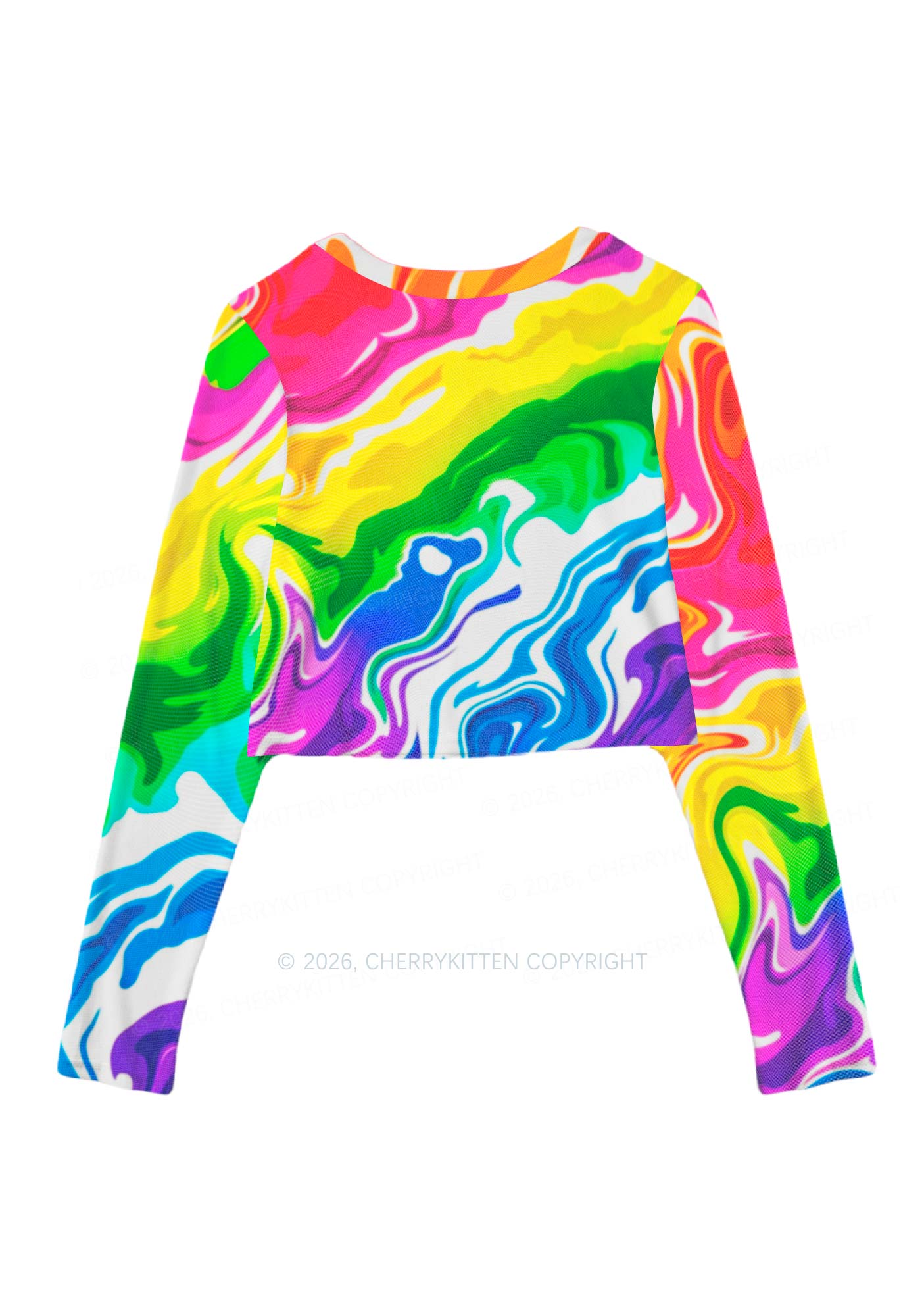 Rainbow Liquid Tie Dye Pride Y2K Mesh Long Sleeve Crop Top Cherrykitten