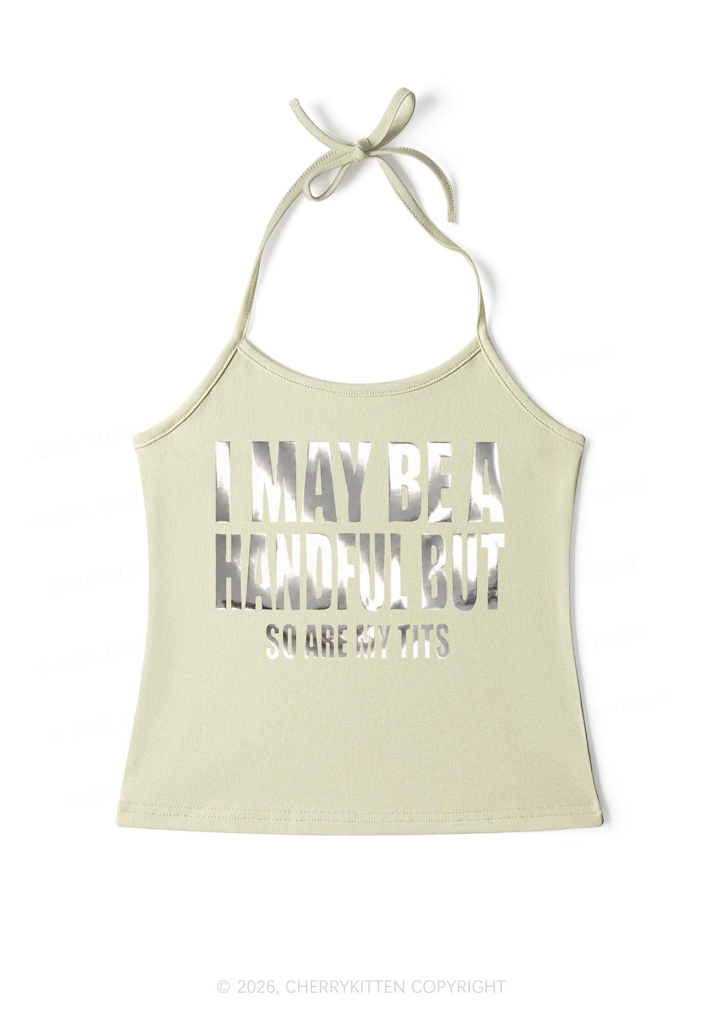 I May Be Handful Silver Foil Printed Y2K Halter Neck Cami Cherrykitten