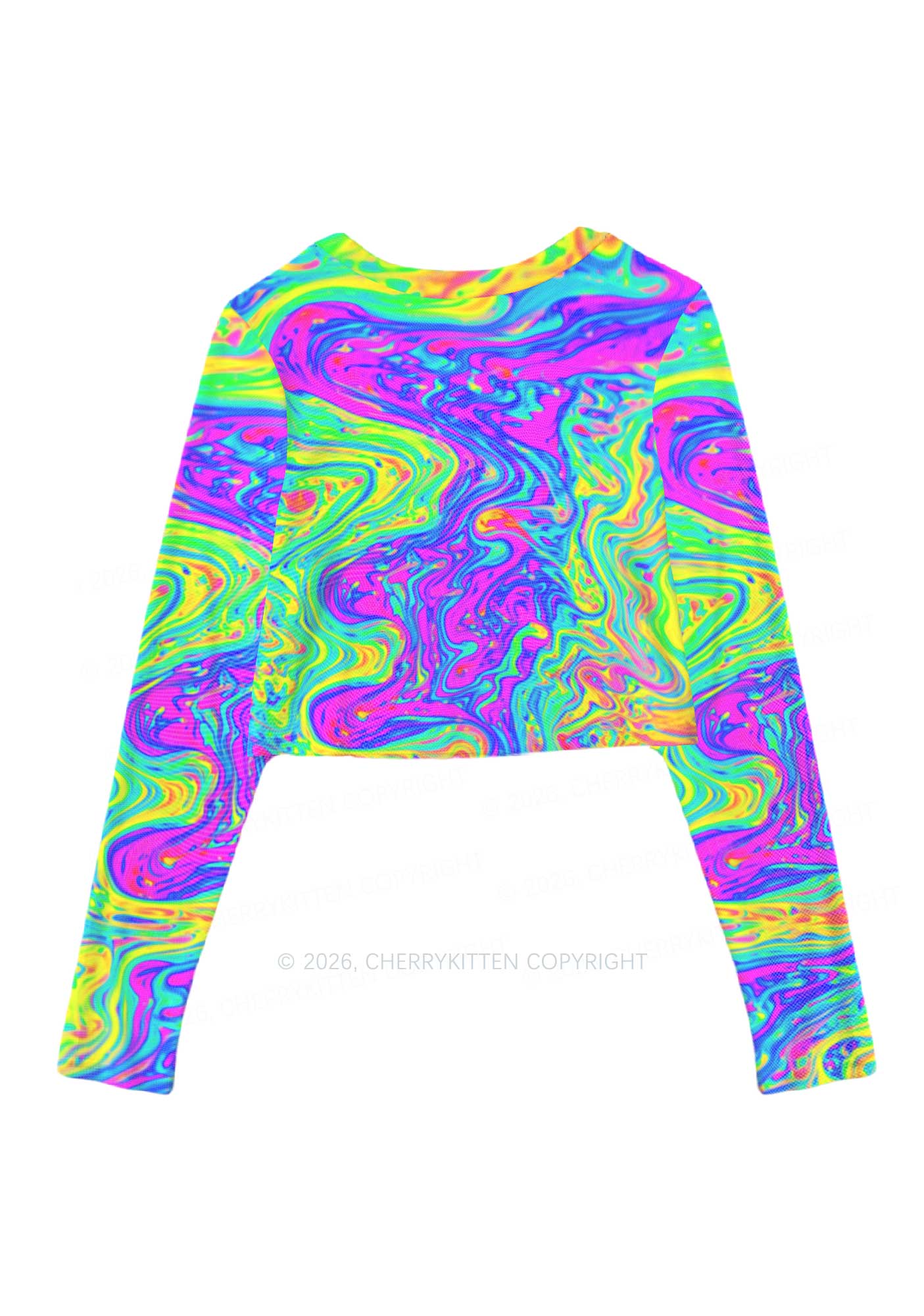 Rainbow Fluid Swirl Y2K Mesh Long Sleeve Crop Top Cherrykitten