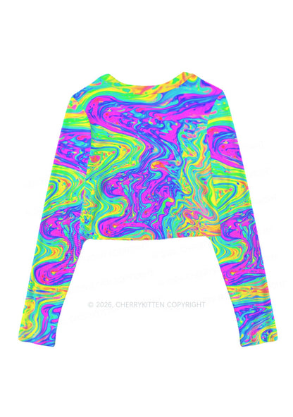Rainbow Fluid Swirl Y2K Mesh Long Sleeve Crop Top Cherrykitten