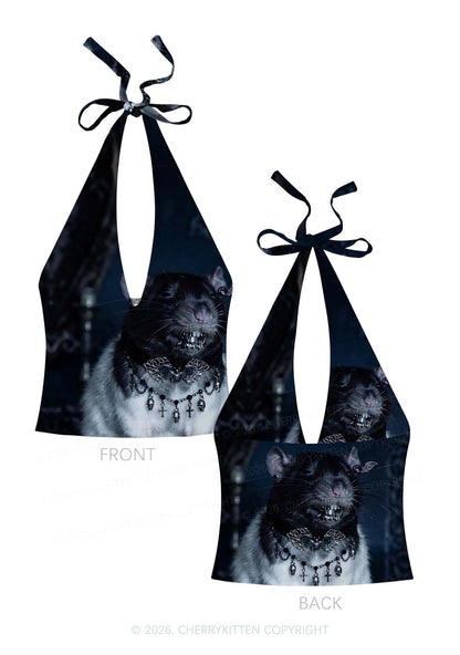 Gothic Jewelry Rat Y2K Print Halter Deep V Neck Cami Cherrykitten