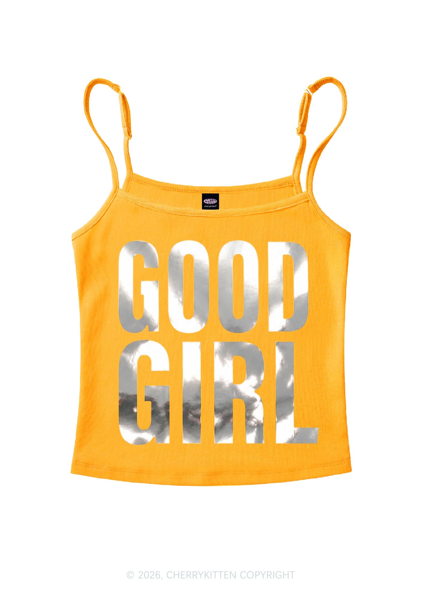 Good Girl Silver Foil Printed Y2K Spaghetti Strap Cami Cherrykitten