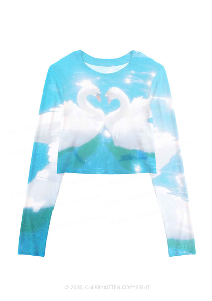 Swan Lovers Y2K Mesh Long Sleeve Crop Top Cherrykitten