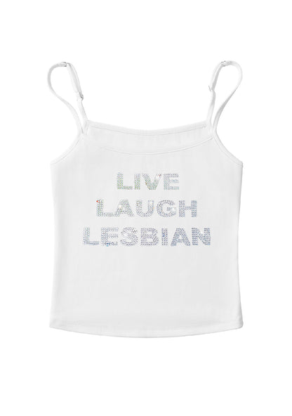 Rhinestone Live Laugh Lesbian Pride Y2K Spaghetti Strap Cami Cherrykitten