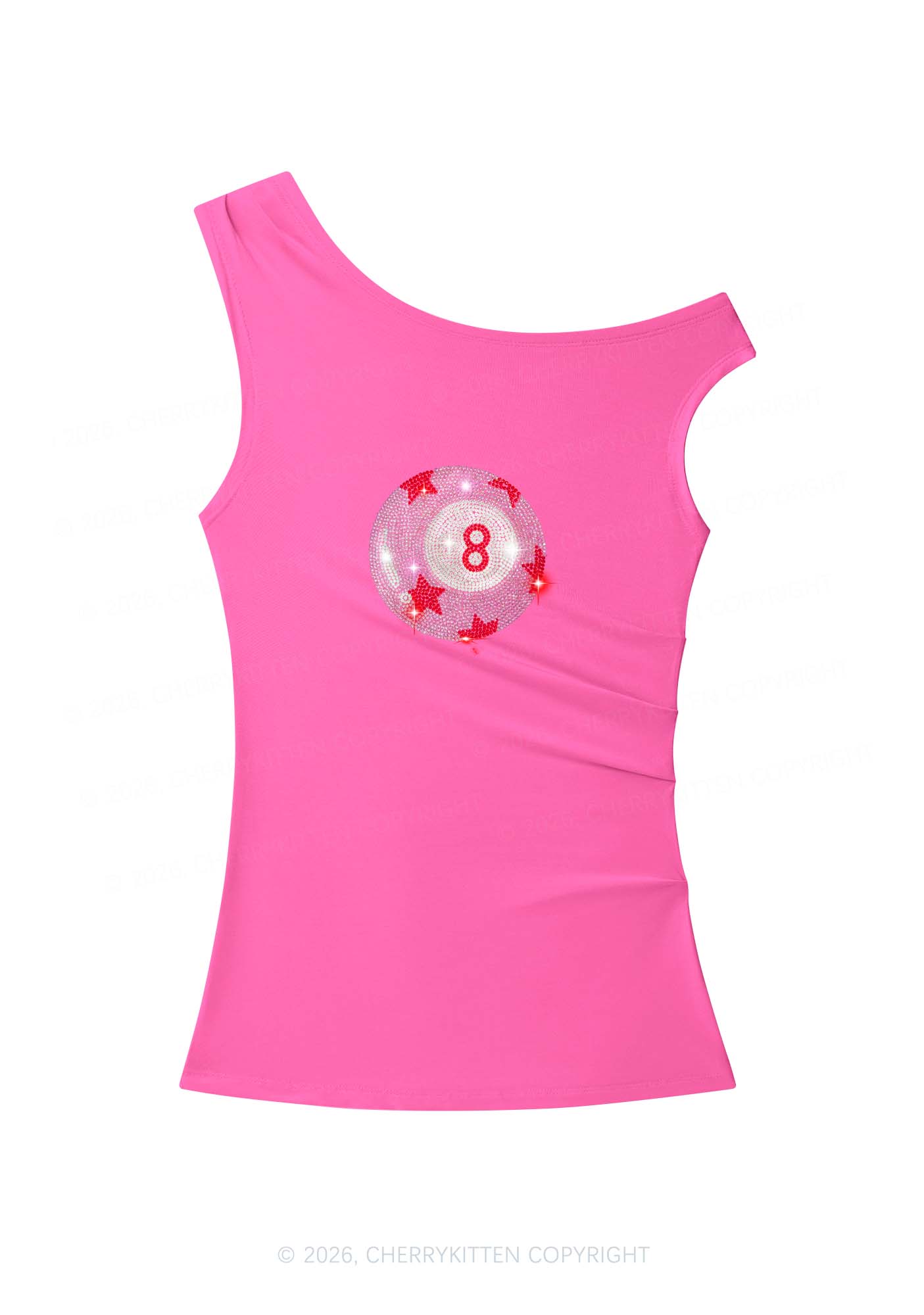 Rhinestone Pink Eight Ball Star Y2K Off Shoulder Tank Top Cherrykitten