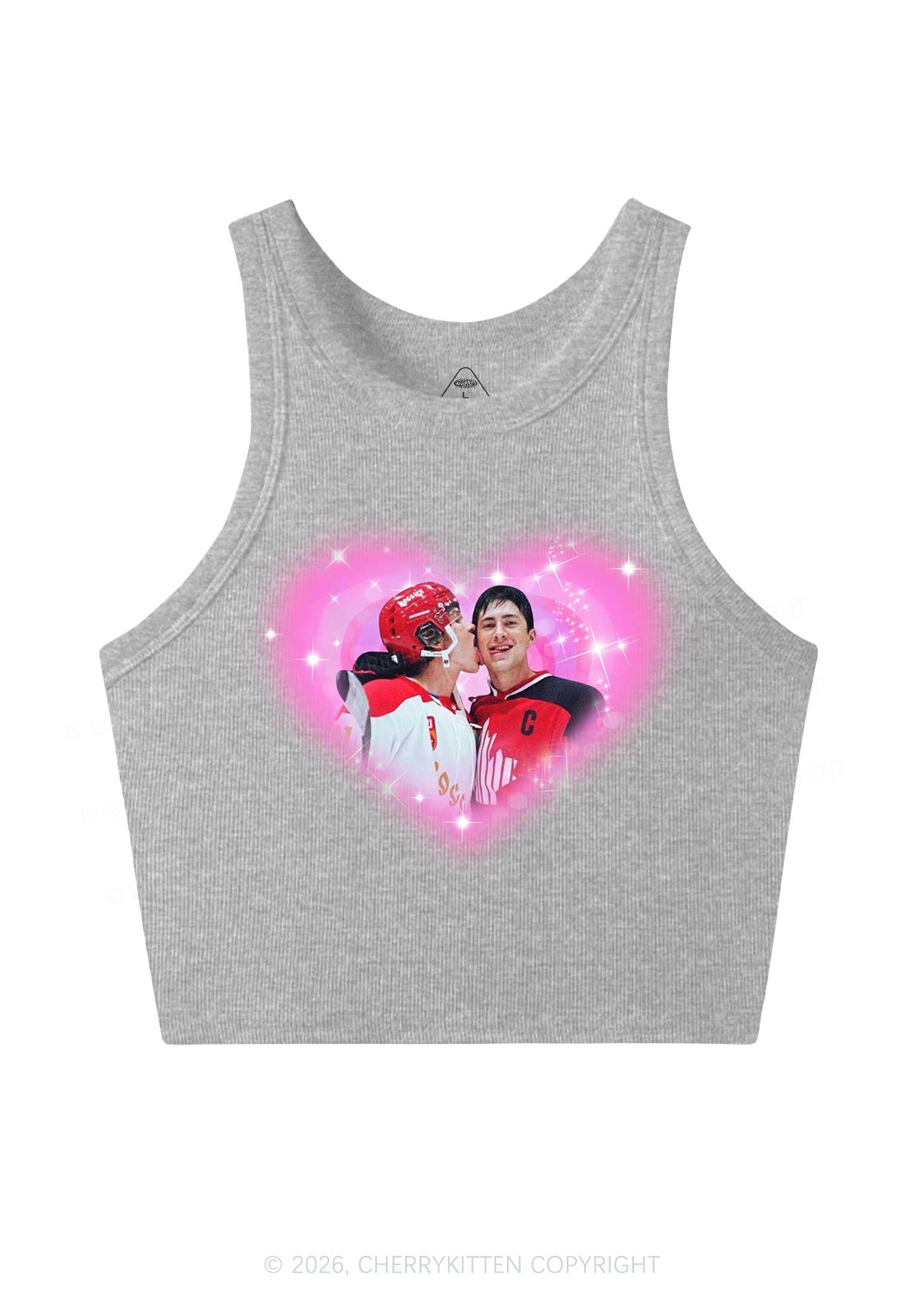 Sparkle Pink Heart Kissing Y2K Crop Tank Top Cherrykitten