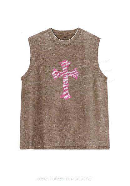 Rhinestone Pink Cross Y2K Washed Muscle Tank Cherrykitten