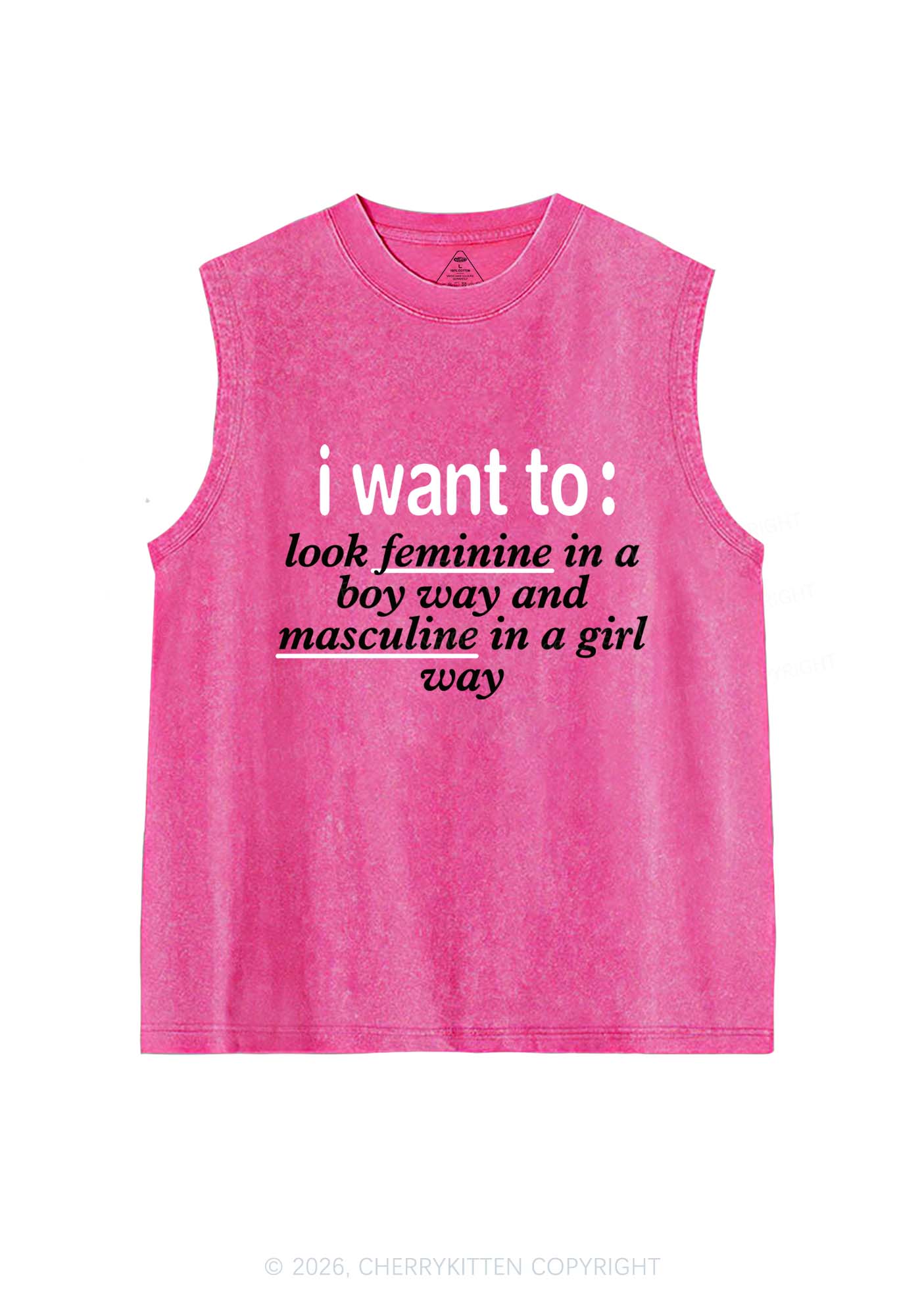 I Want To Feminine Masculine Pride Y2K Washed Muscle Tank Cherrykitten