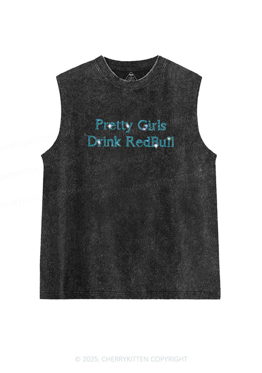 Rhinestone Pretty Girls Drink Redbull Y2K Washed Muscle Tank Cherrykitten