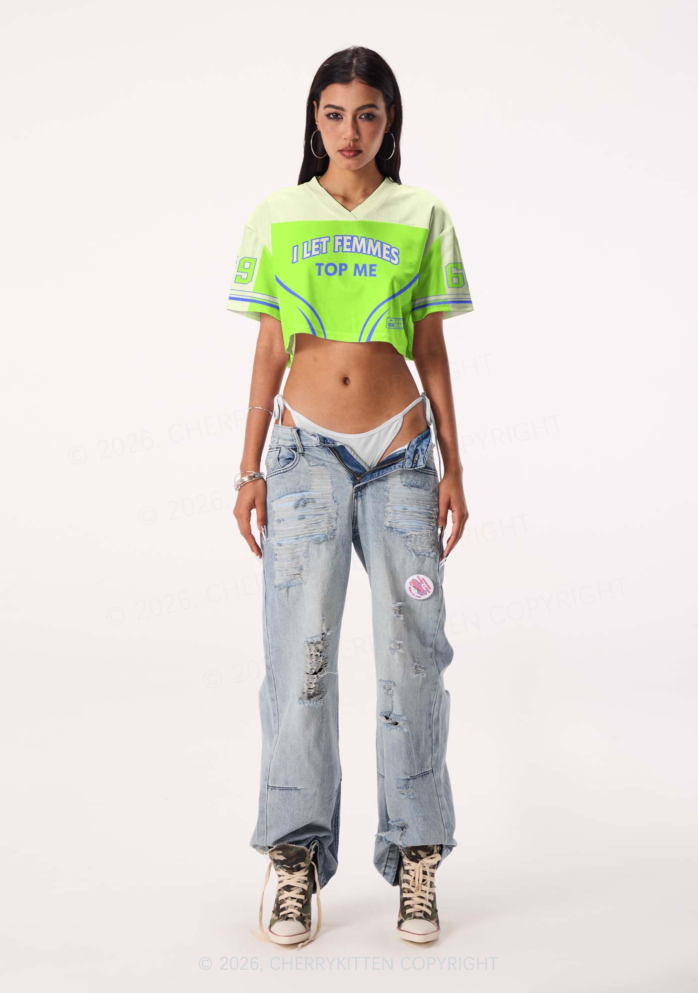 Neon Green I Let Femmes Top Me Pride Y2K Crop Sport Jersey Shirts Cherrykitten