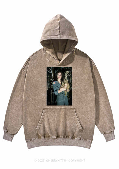 Halloween Space Lady Cat Y2K Washed Hoodie Cherrykitten