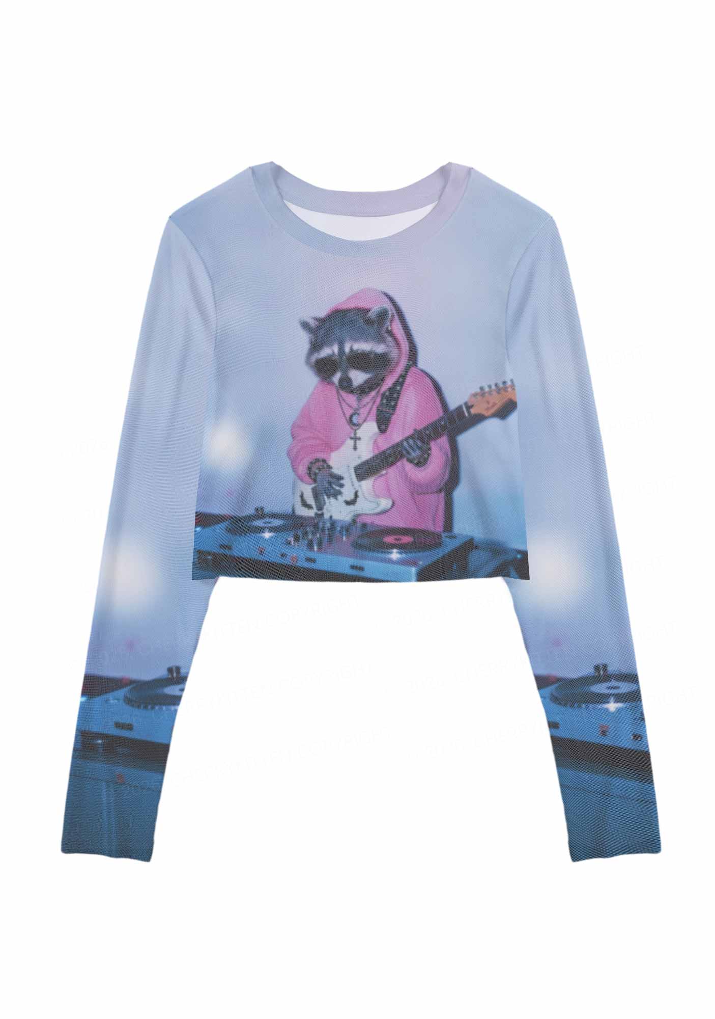 Pink Hoodie Raccoon DJ Y2K Mesh Long Sleeve Crop Top Cherrykitten