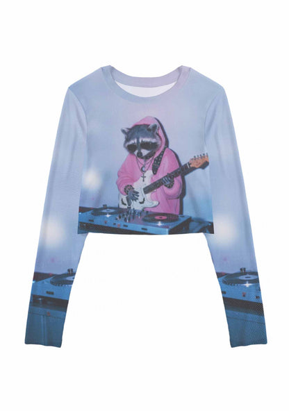 Pink Hoodie Raccoon DJ Y2K Mesh Long Sleeve Crop Top Cherrykitten