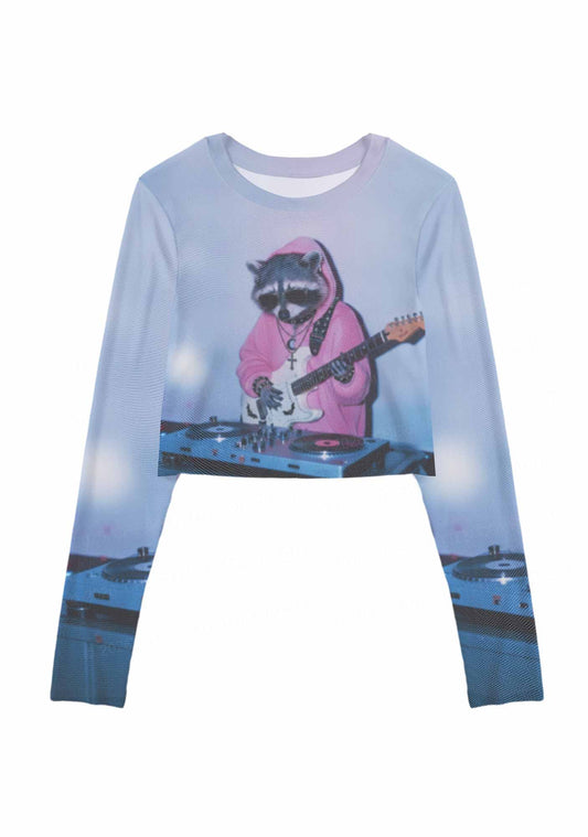 Pink Hoodie Raccoon DJ Y2K Mesh Long Sleeve Crop Top Cherrykitten