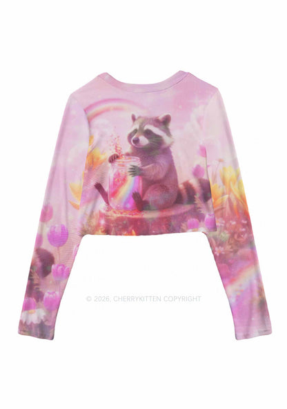 Rainbow Raccoon Pride Y2K Mesh Long Sleeve Crop Top Cherrykitten
