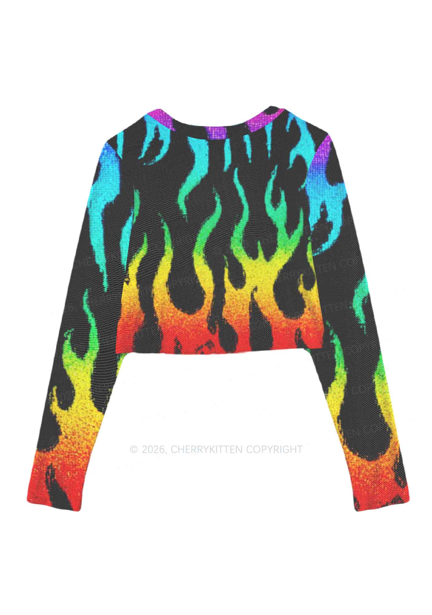 Rainbow Flame Pride Y2K Mesh Long Sleeve Crop Top Cherrykitten