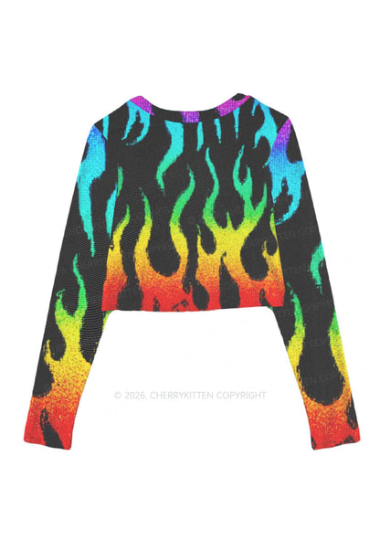 Rainbow Flame Pride Y2K Mesh Long Sleeve Crop Top Cherrykitten