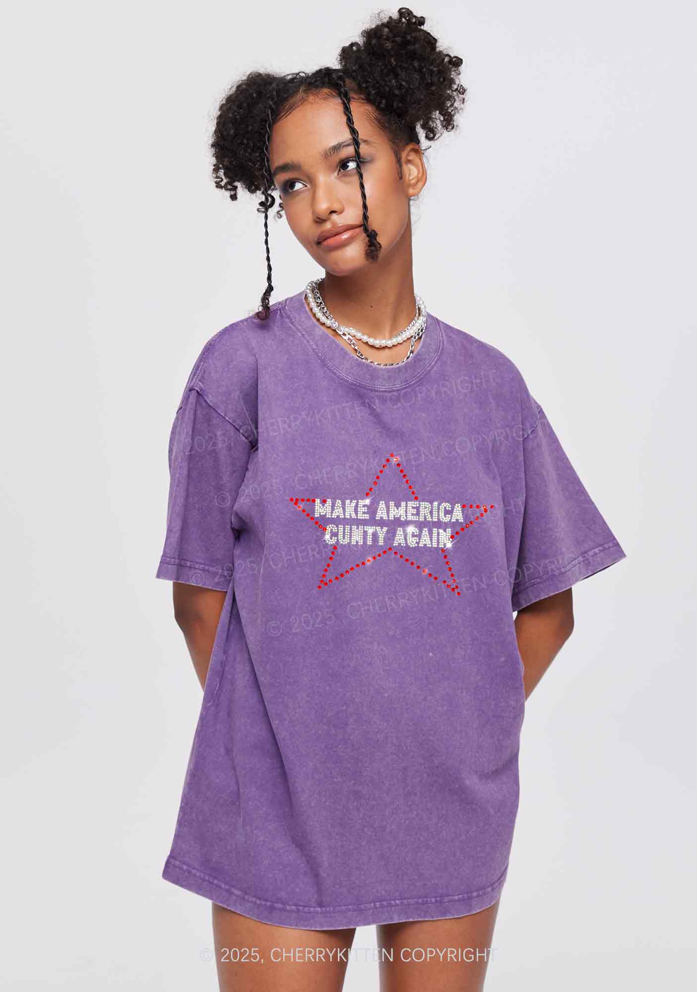 Rhinestone Make America Cxxty Again Y2K Shirts Washed Tee Cherrykitten