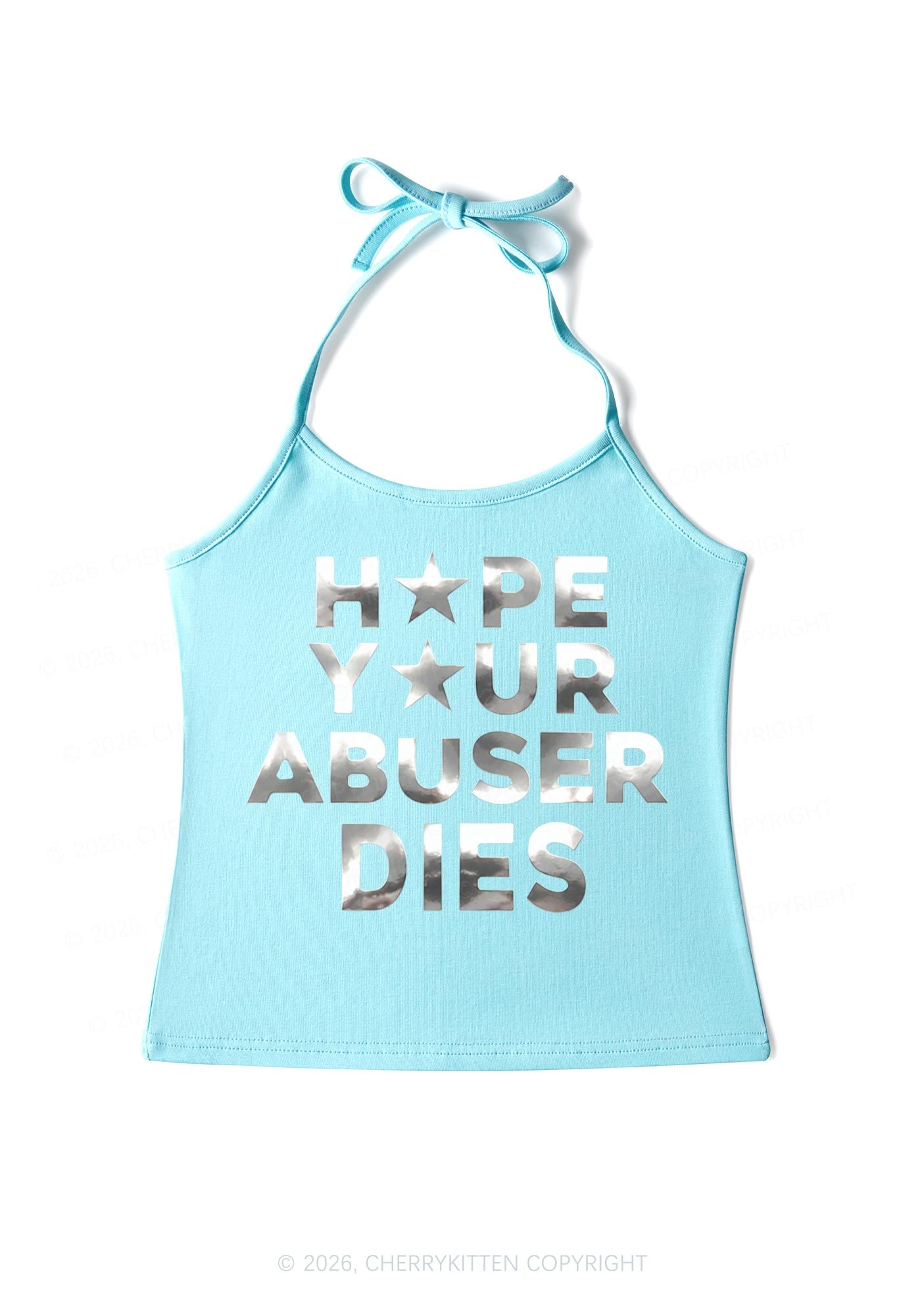 Abuser Dies Silver Foil Printed Y2K Halter Neck Cami Cherrykitten
