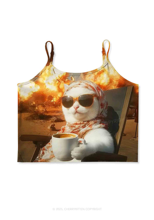 Cool Cat Enjoying Coffee Y2K Print Cami Crop Top Cherrykitten