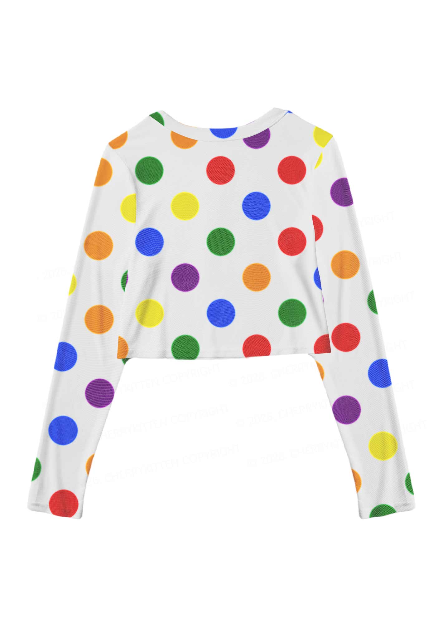 Rainbow Dots On White Pride Y2K Mesh Long Sleeve Crop Top Cherrykitten