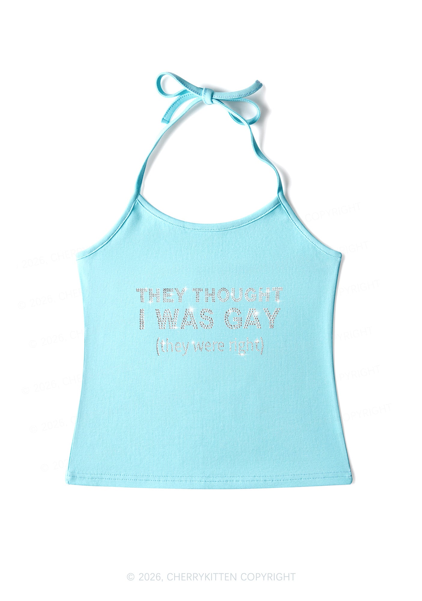 Rhinestone They Thought I Was Gay Pride Y2K Halter Neck Cami Cherrykitten