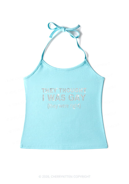 Rhinestone They Thought I Was Gay Pride Y2K Halter Neck Cami Cherrykitten