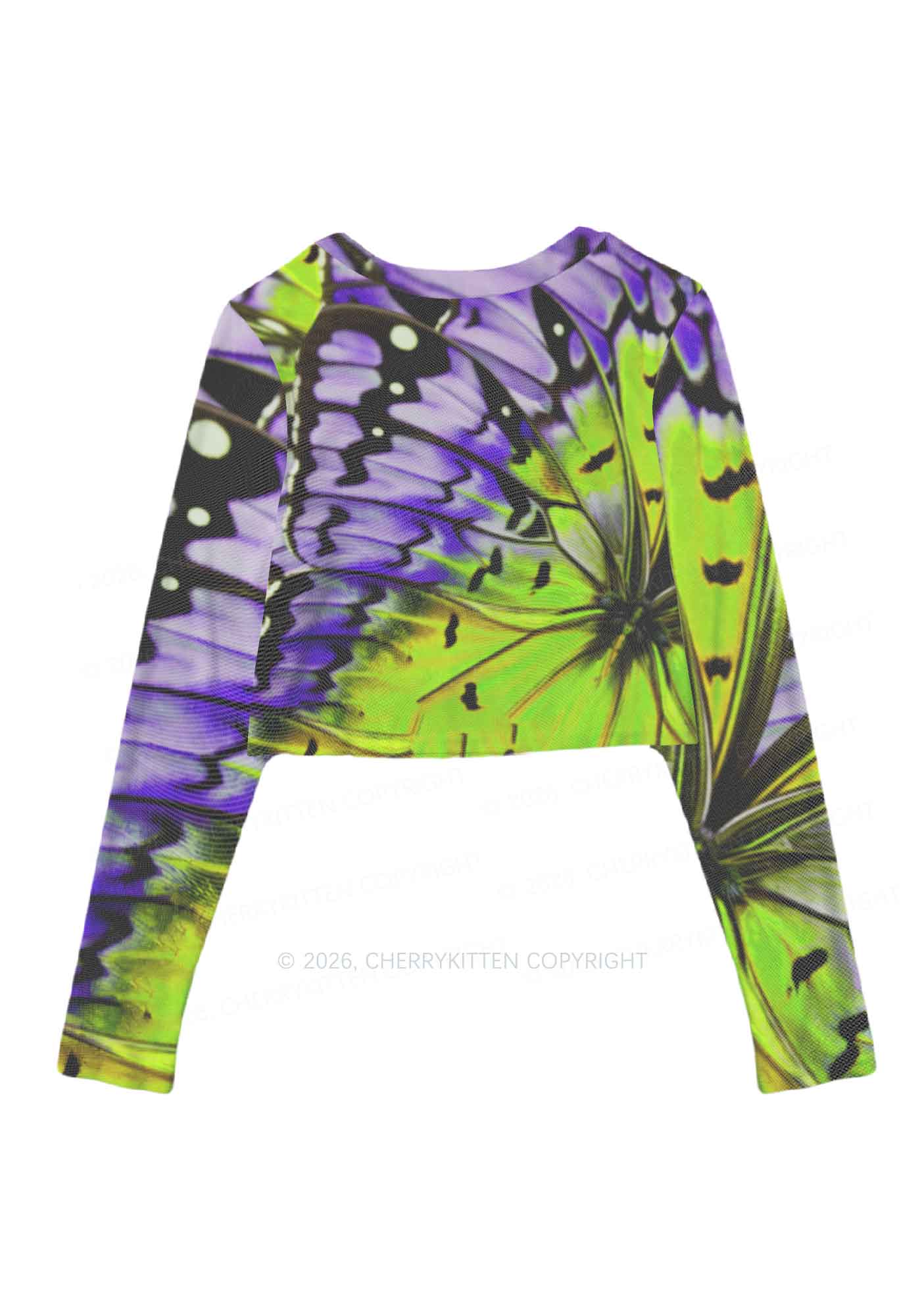 Purple Lime Butterfly Wing Y2K Mesh Long Sleeve Crop Top Cherrykitten