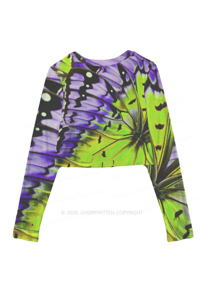 Purple Lime Butterfly Wing Y2K Mesh Long Sleeve Crop Top Cherrykitten