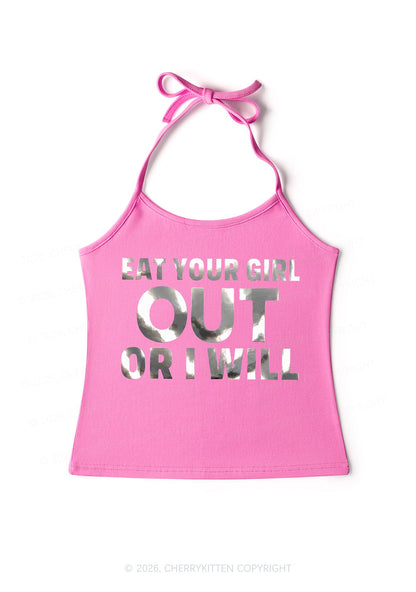 Eat Your Girl Out Silver Foil Printed Y2K Halter Neck Cami Cherrykitten