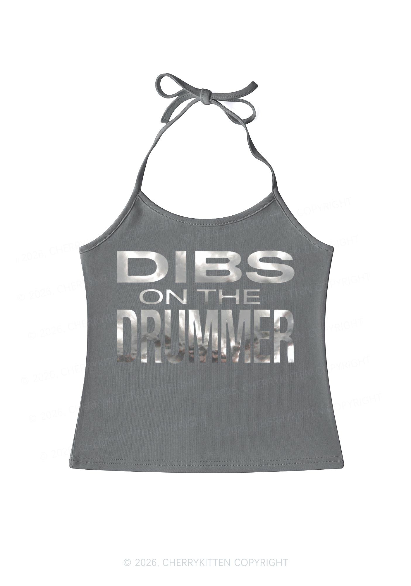 Dibs On The Drummer Silver Foil Printed Y2K Halter Neck Cami Cherrykitten