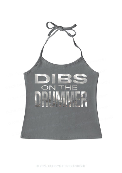 Dibs On The Drummer Silver Foil Printed Y2K Halter Neck Cami Cherrykitten