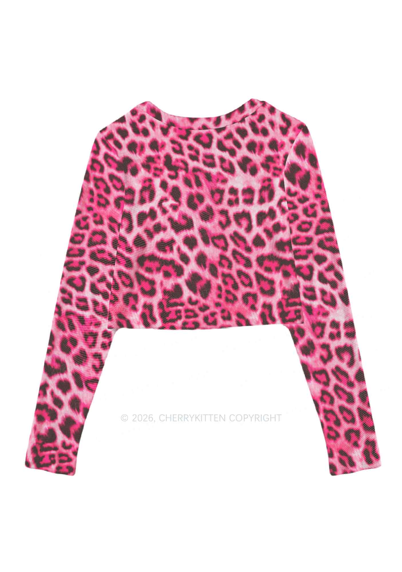 Pink Leopard Faggot Pride Y2K Mesh Long Sleeve Crop Top Cherrykitten