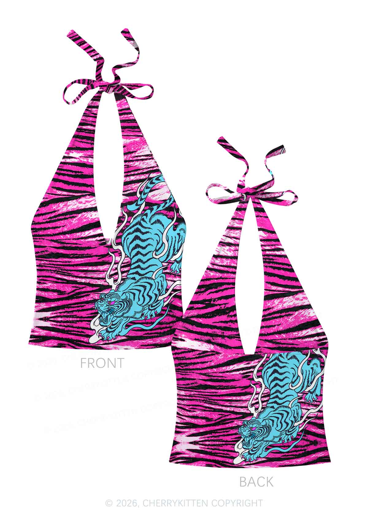 Blue Tiger Pink Zebra Stripe Y2K Print Halter Deep V Neck Cami Cherrykitten