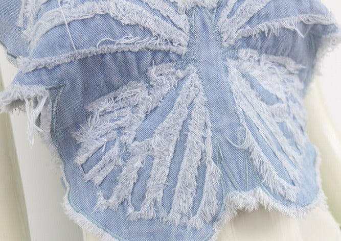 Denim Butterfly Embroidered Halter Corset Top