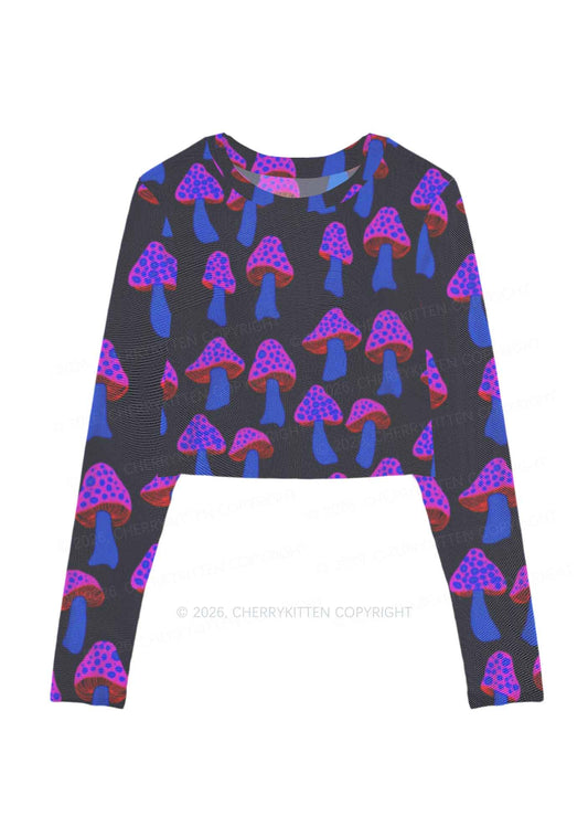 Blue Mushroom Y2K Mesh Long Sleeve Crop Top Cherrykitten