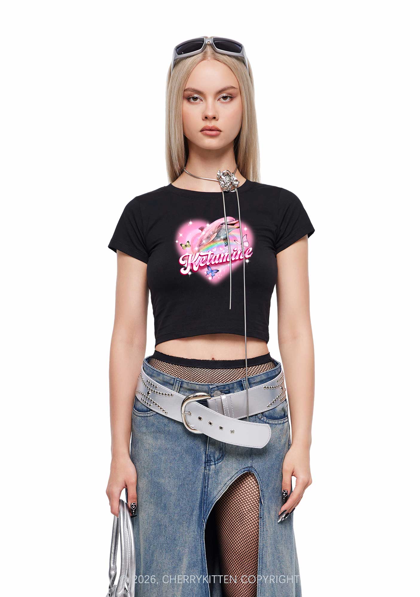Pink K Dolphin Y2K Baby Tee Cherrykitten