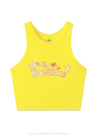 Rhinestone Totally Lesbian Pride Y2K Crop Tank Top Cherrykitten