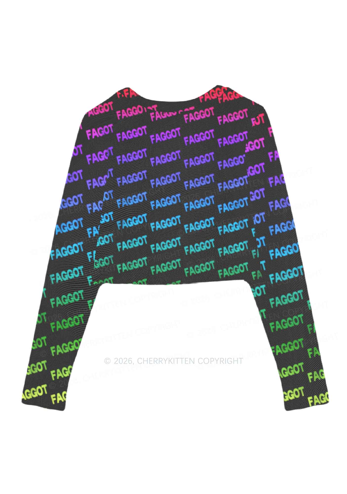 Neon Rainbow Faggot Pride Y2K Mesh Long Sleeve Crop Top Cherrykitten