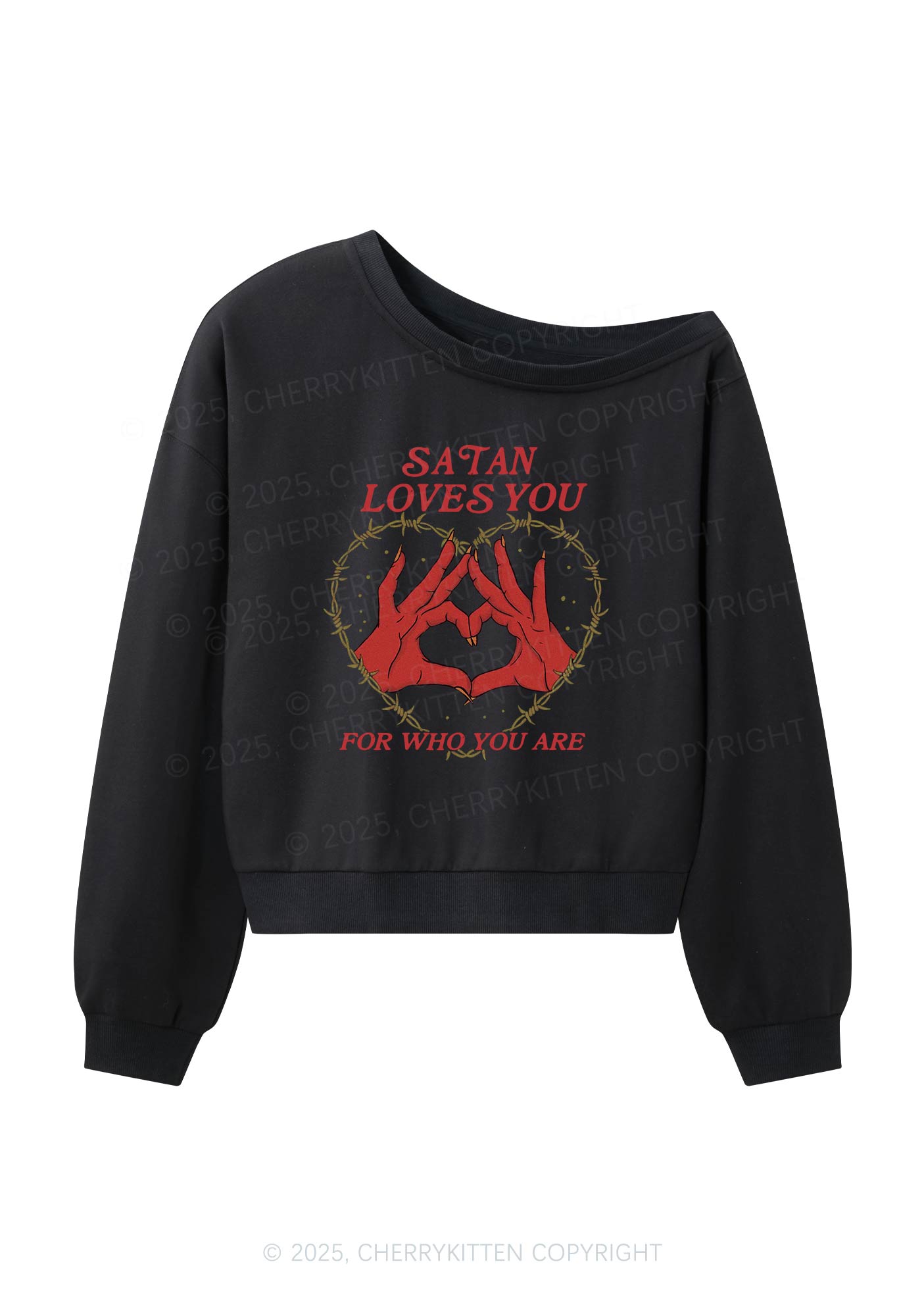 Satan Loves You Heart Halloween Y2K Off Shoulder Sweatshirts Cherrykitten